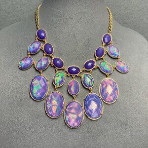 Faceted Oval Statement Necklace 16 In Iridescent Opal Purple Blue Gold Glam Bold